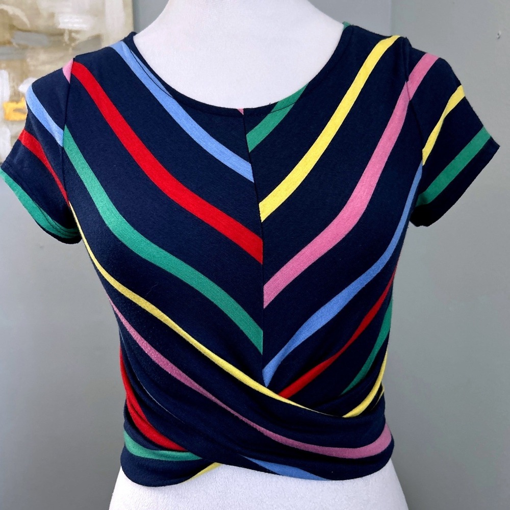 Timing Womens Navy Multi Color Striped Twist Front Crop Top Shirt M‎ - Picture 3 of 7